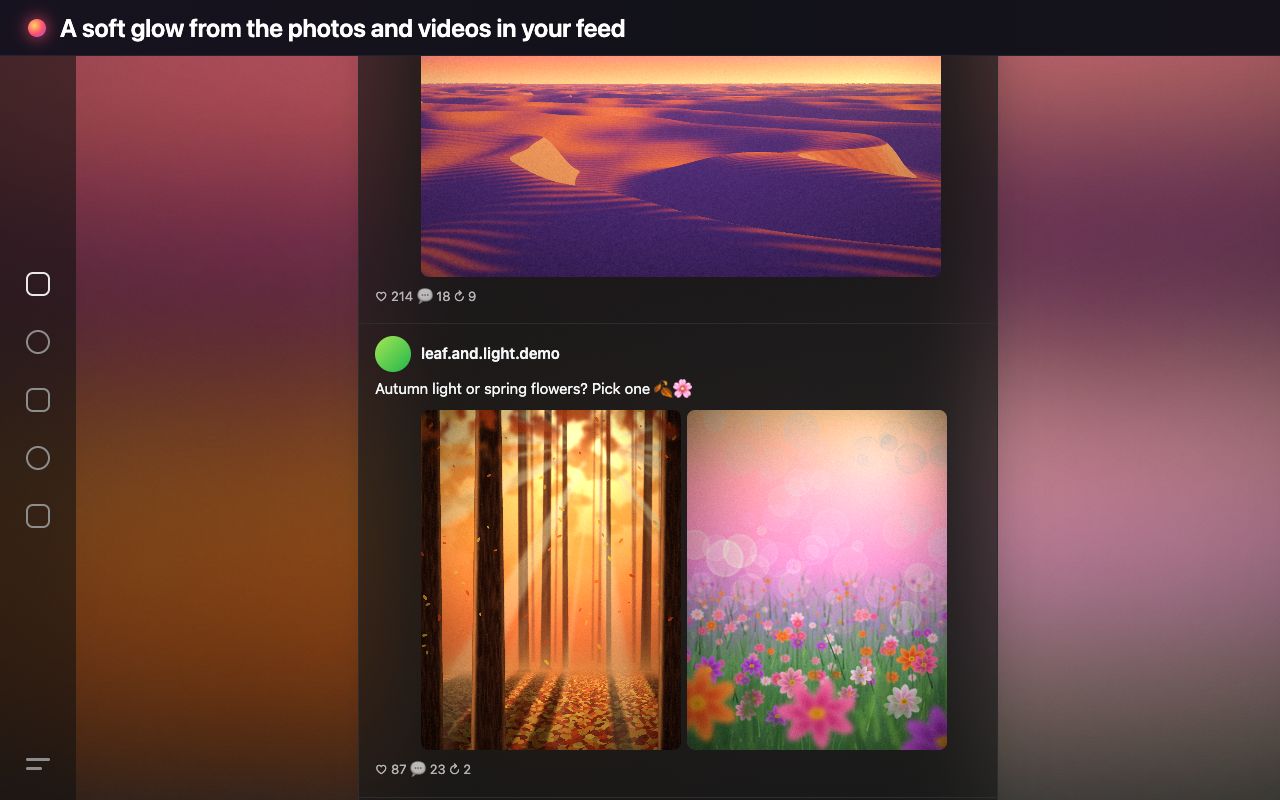 Ambient Light on a dark demo feed: a desert photo, then an autumn forest and a flower meadow side by side, spread a soft orange and pink glow into the page around them