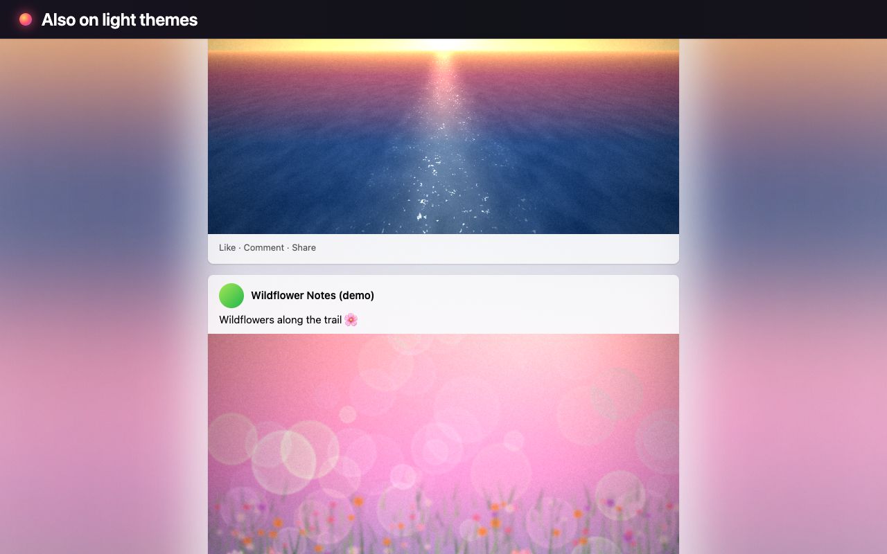 A light-theme demo feed where ocean and wildflower photos tint the white page with pastel blue and pink
