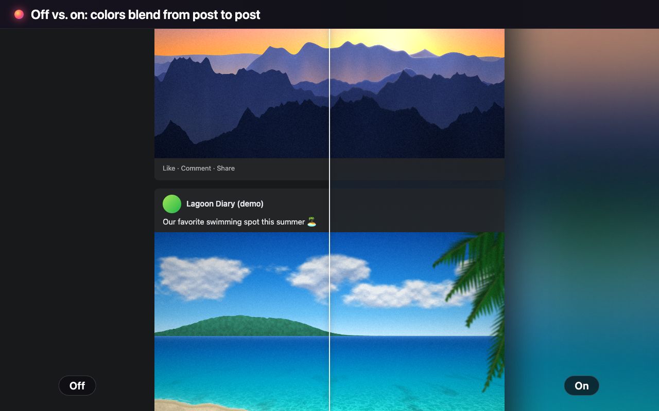 Side-by-side comparison on a demo feed: without the extension the page is plain dark grey; with it, mountain and lagoon photos glow blue and teal and the colors blend between the two posts