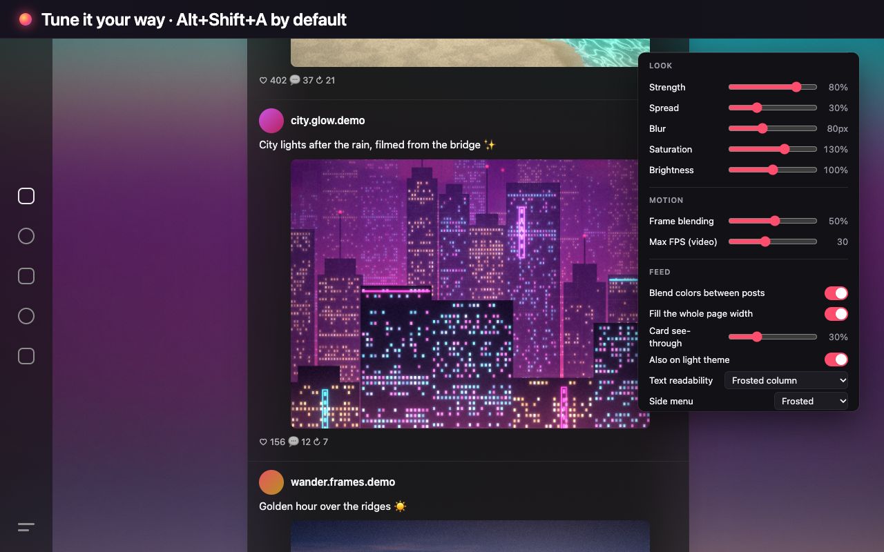 The extension settings popup next to a demo feed, with sliders for strength, spread, blur, saturation and brightness and switches for post blending, full width and light themes