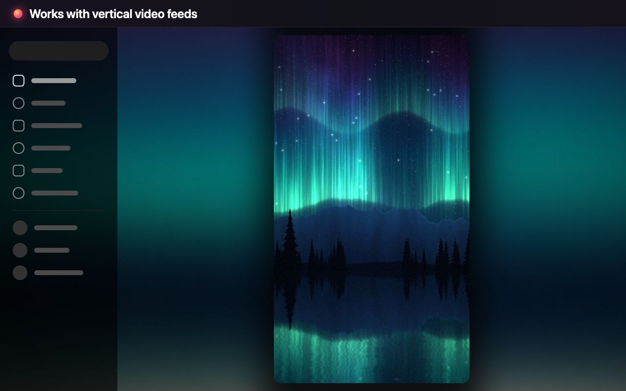 A vertical video feed where an aurora video casts a green and teal glow across the dark page